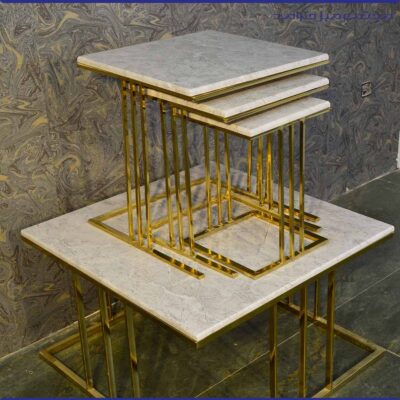 میز جلومبلی و ۳ عسلی استیل مدل فلزی رنگ طوسی طلایی
